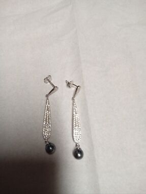 Silver Drop Pierced Post Back Earrings with Black Pearl Accent